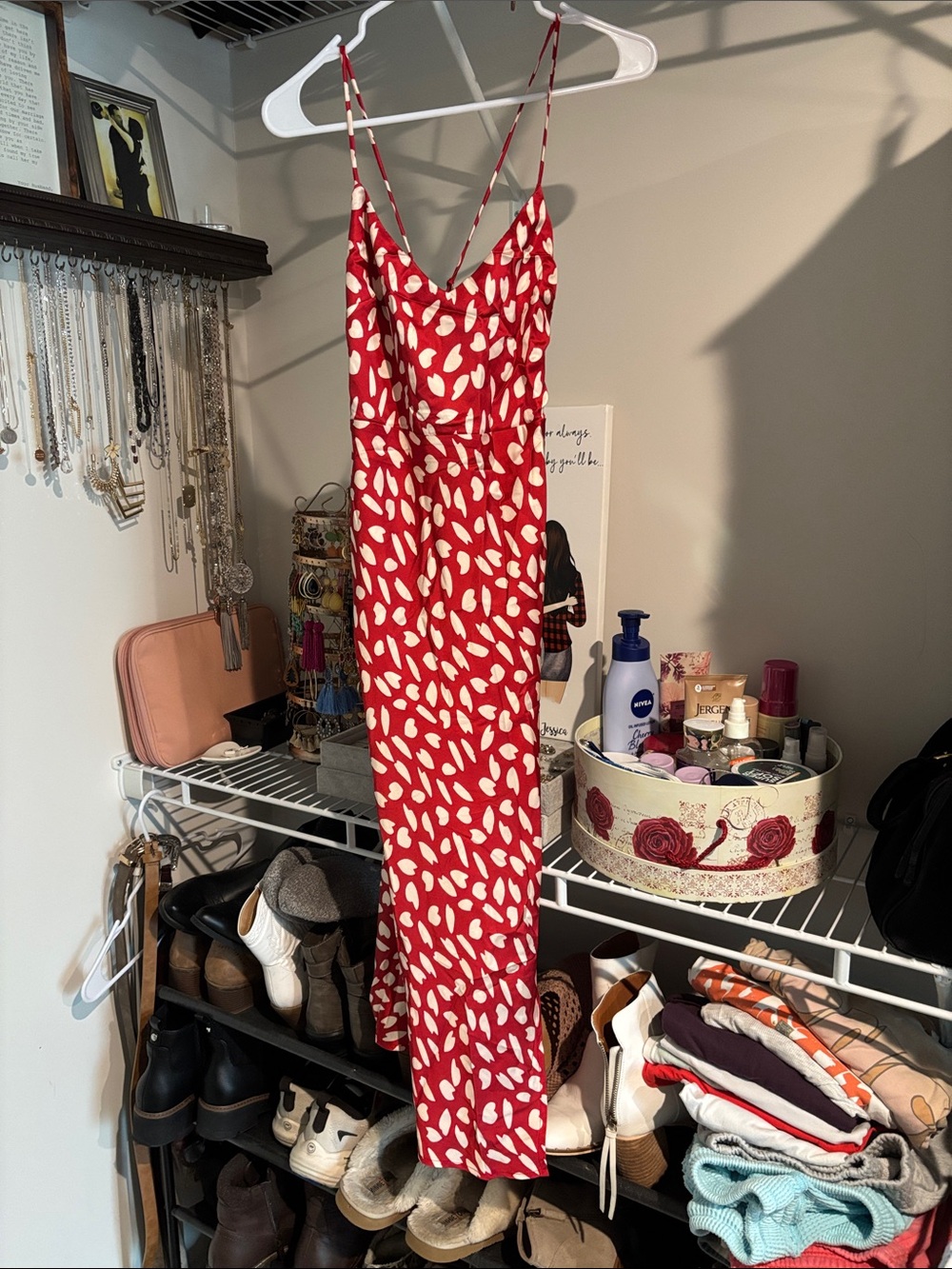 Hello Molly Red Slip Midi Dress with Cream Leaf Print
